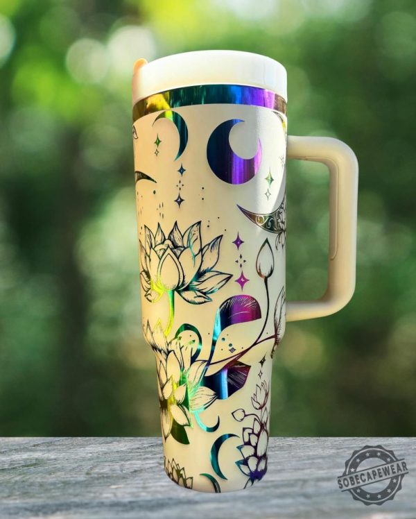 Engraved 40Oz Tumbler With Celestial Moon And Lotus Flowers Stainless Steel Insulated Cup With Lid And Straw Celestial Gift sobecapewear 1