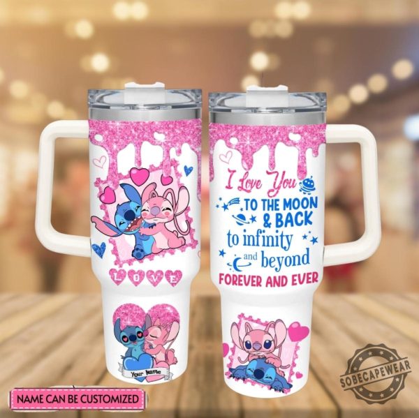 Stitch And Angel Valentine 40Oz Tumbler I Love You To The Moon And Back Tumbler Anniversary Gift Ideas Disney Cartoon Valentine Gift sobecapewear 1