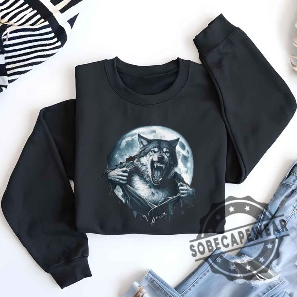 Wolf Ripping Shirt Under A Full Moon Classic Tshirt Sweatshirt Hoodie sobecapewear 1