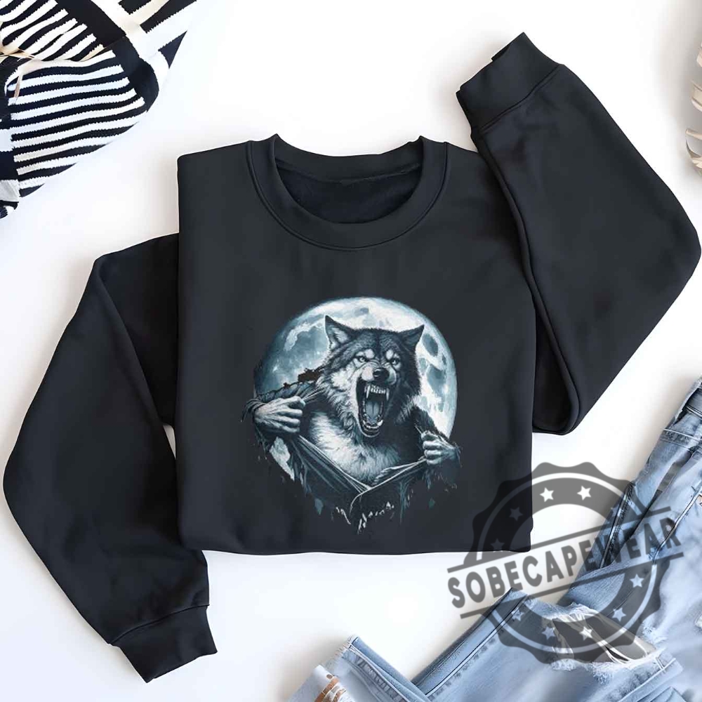 Wolf Ripping Shirt Under A Full Moon Classic Tshirt Sweatshirt Hoodie