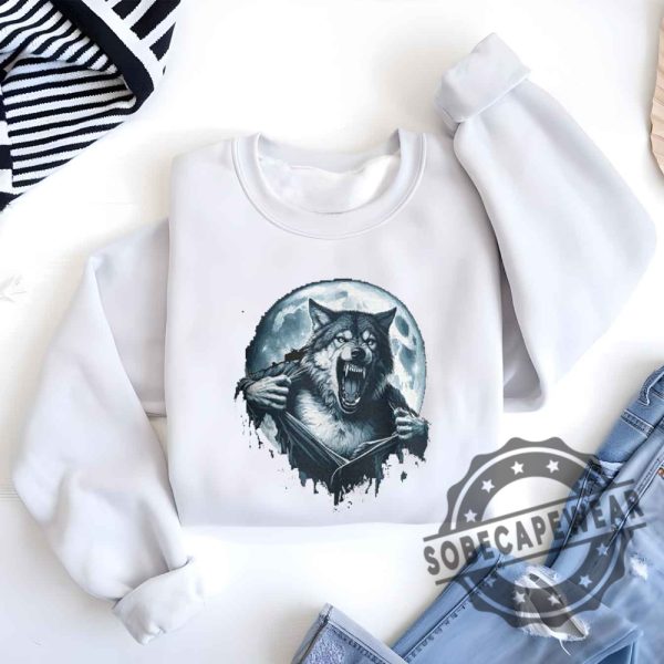 Wolf Ripping Shirt Under A Full Moon Classic Tshirt Sweatshirt Hoodie sobecapewear 6