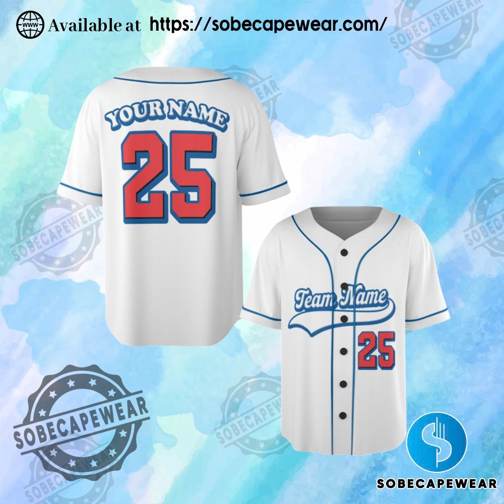 Create Your Own Jersey: Add Your Name and Team with Ease 7 Personalized Team Name And Number Baseball White Jersey With Blue Text